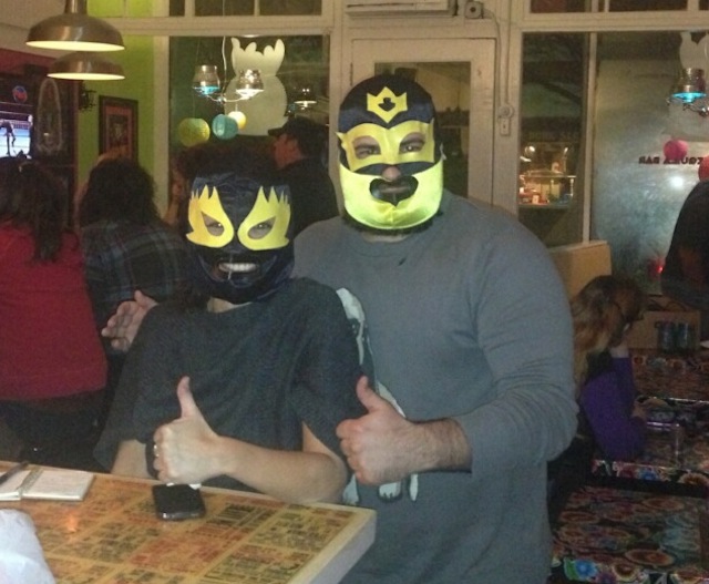 That’s El Chango Rapido on the left; Lucharitos owner Marc LaMaina, aka Chimichanga Loco, on the right.