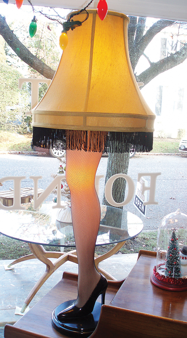 Photo by Lauren Sisson | This leg lamp, inspired by the classic holiday movie ‘A Christmas Story,’ isn’t for sale but is on (hopefully) permanent display at Lost & Found in Southold.