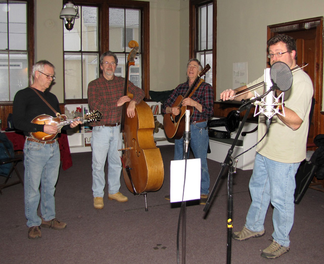 Members of Eastbound Freight recording inside the Jamesport Meeting House Saturday. (Tim Gannon Photo)