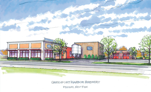 A rendering of Greenport Harbor Brewing Company’s Peconic location showing the main building (left) and restaurant (far right), as seen from Main Road. (Credit: Greenport Harbor Brewery, courtesy drawing)