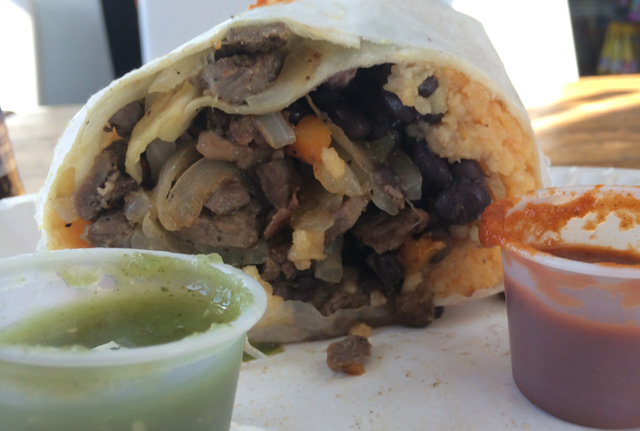 A steak burrito with green salsa and hot sauce at Maria' Kitchen on Shelter Island.