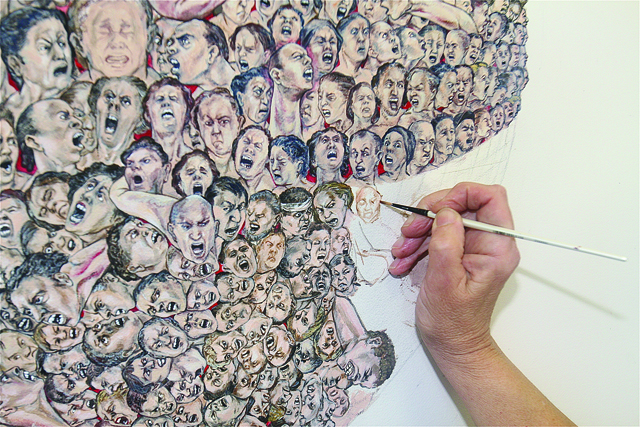 A detail of faces in her painting 'Angry Planet'. She found the different facial expressions by looking at sports photos. (Credit: Barbaraellen Koch)