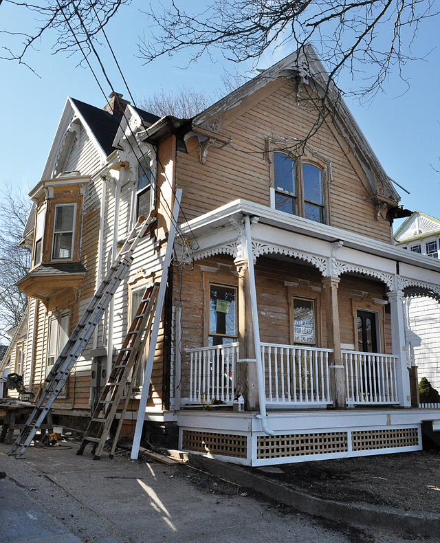 Exterior restoration work is underway.Independent real estate agent Bennett Brokaw of Mattituck is restoring this 19th century home on Main Street in Greenport. Mr. Brokaw hopes to lease the property to a tasting room or restaurant. (Credit: Rachel Young)