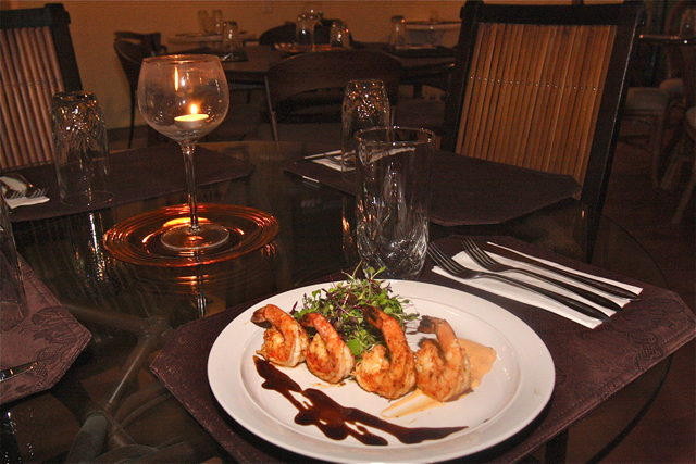 Cajun rubbed shrimp with Creole remoulade and strawberry balsamic sauce and micro greens. (Credit: Barbaraellen Koch)