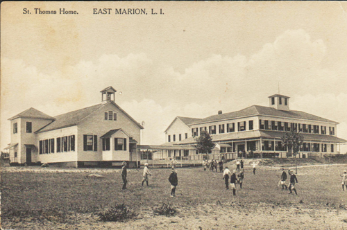 In this undated postcard, campers play on the lawn of the Saint Thomas Home in East Marion, which provided a summer respite for hundreds of New York City children from 1893 to 1925. (Credit: Oysterponds Historical Society)
