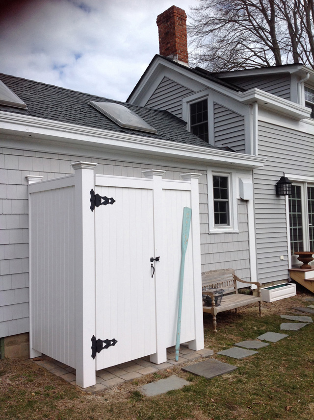 Elaine and Mark McDuffee's outdoor shower in Jamesport is made of Azec. 