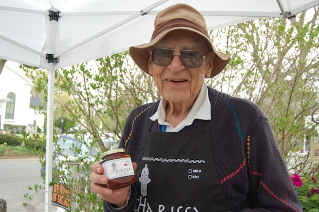 Charissa owner Earl Futz is peddling his cumin-based spread the Mattituck East End Farmers Market.