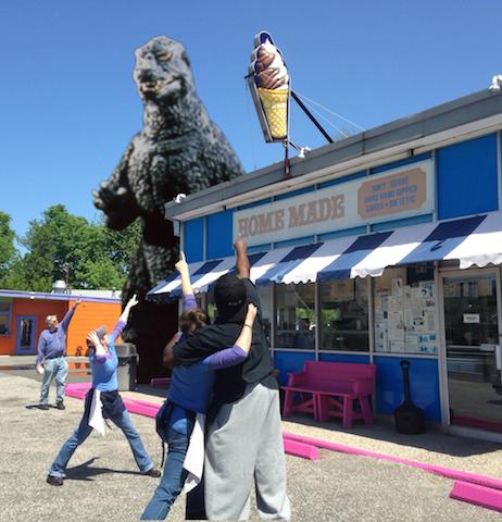 Godzilla terrorizing Snowflake Ice Cream in Riverhead. (Credit: Facebook)