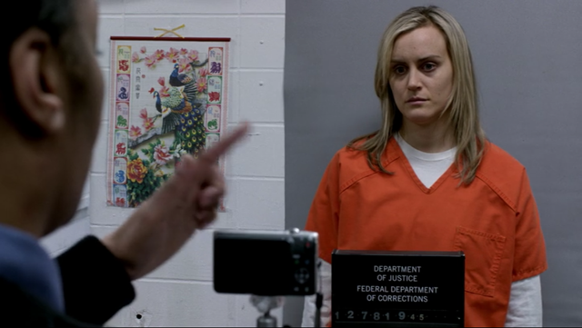 Star Taylor Schilling in a scene filmed inside the Riverhead jail.