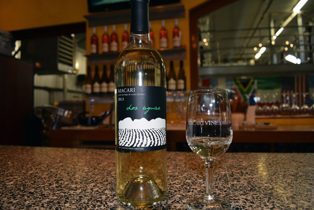 Macari's new Dos Aguas white blend in the Mattituck tasting room. (Credit: Vera Chinese)