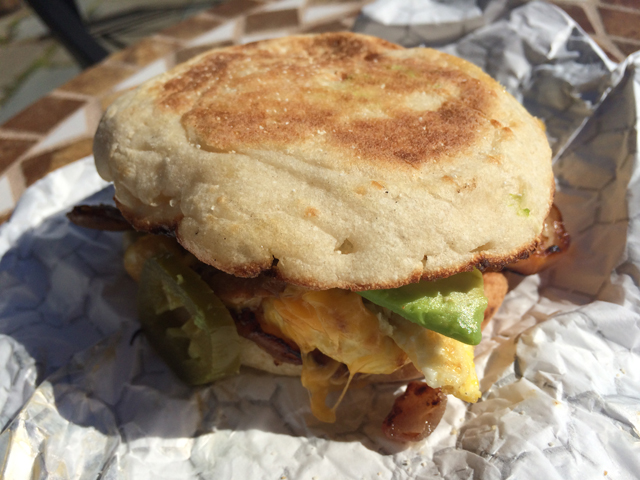 A chorizo and egg sandwich from Wednesday's Table in Southold. (Credit: Vera Chinese)
