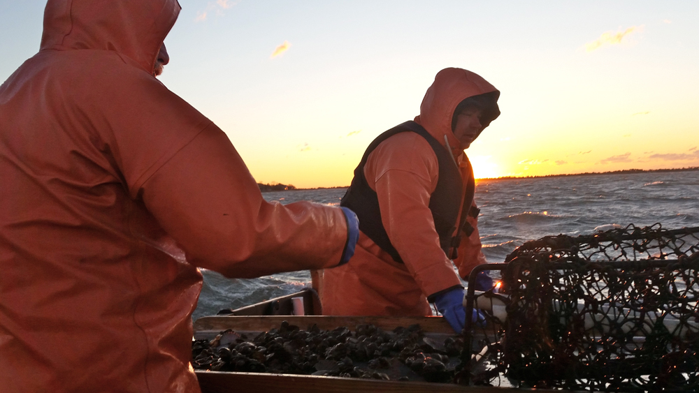 Ed Densieski of Riverhead , right, aboard his boat around 7 a.m. Monday. (Credit: Carrie Miller)
