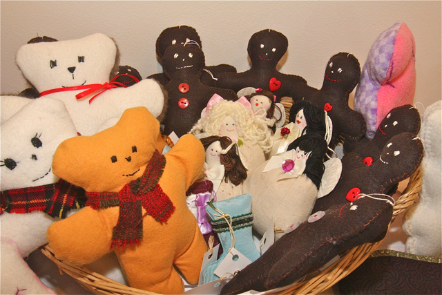 Beth Pile of Bellport makes small stuffed teddy bears, gingerbread boys and angels.