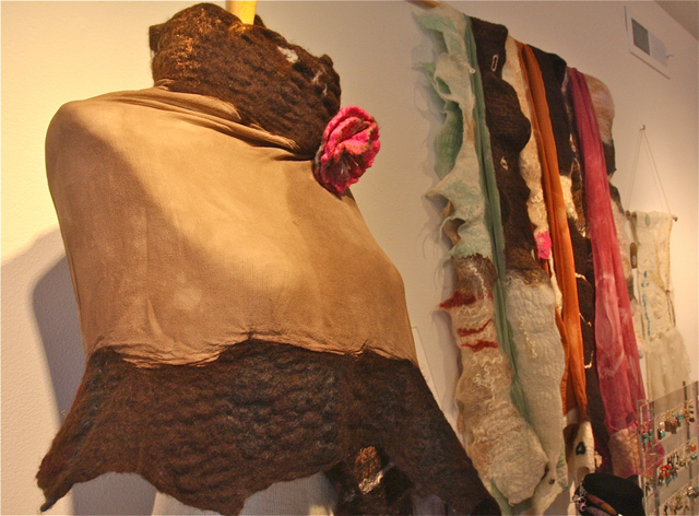Justine Moody of Mt. Sinai makes fiber art scarves and throws.