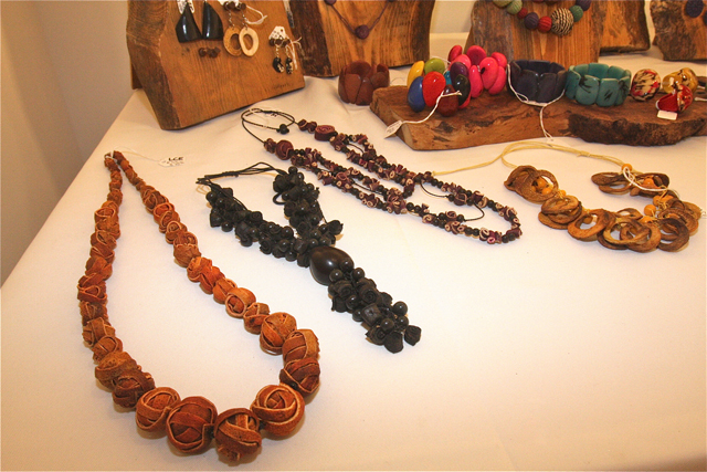 Lula Castillo of Hampton Bays has unique jewelry made out of dried citrus rinds and nuts.