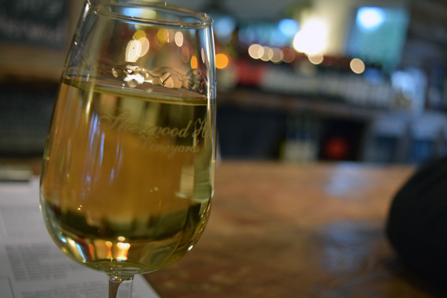 A glass of Sherwood House's 201 chardonnay.