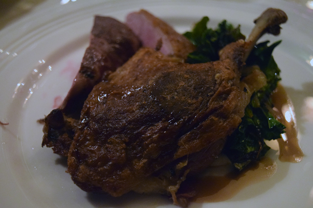 Duck from Crescent Farms in Aquebogue served two ways: confit and slow-roasted.