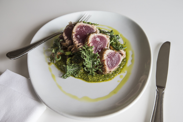 Grilled Montauk tuna with cilantro walnut pesto. (Credit: Randee Daddona)