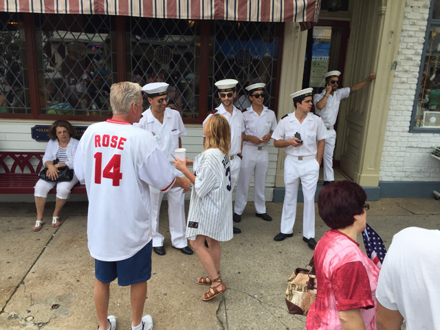 Potugese sailors from the Sagres outside Claudio's Restaurant Saturday afternoon. (Credit: Grant Parpan)