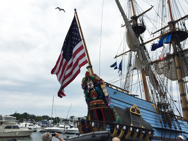 The American flag on the Kalmar Nyckel created a great photo opportunity on day one of the festival. (Credit: Grant Parpan)