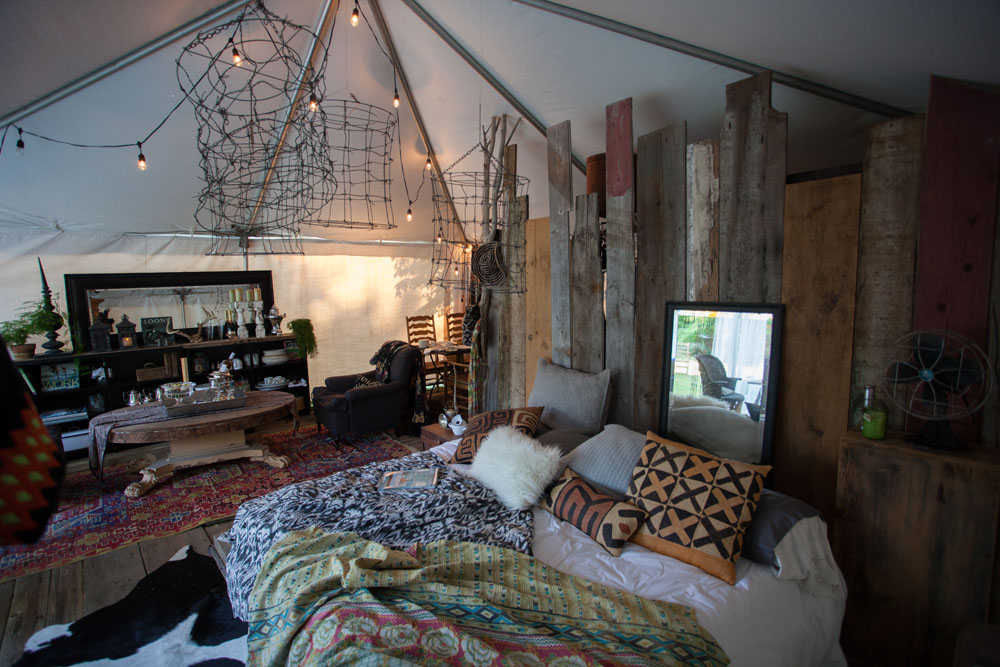 Interior of the glamping (glamorous camping) tent designed by Conni Cross. (Credit: Katharine Schroeder)