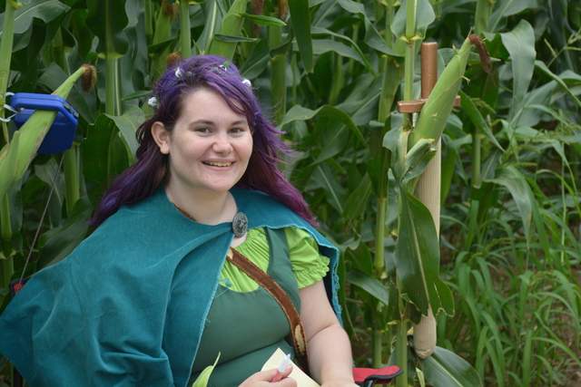 Rosemary Wetherill-Orifice plays a purple haired maiden, who instructs people how to get through the Robin Hood themed corn maze