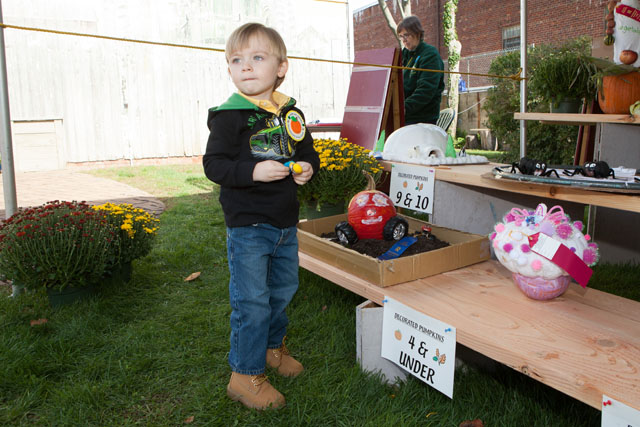 Cayden Savino, 3, of Shoreham with his award winning decorated pumpkin.