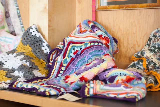 Crocheted blankets.