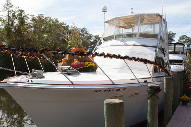 A boat decorated for Halloween.