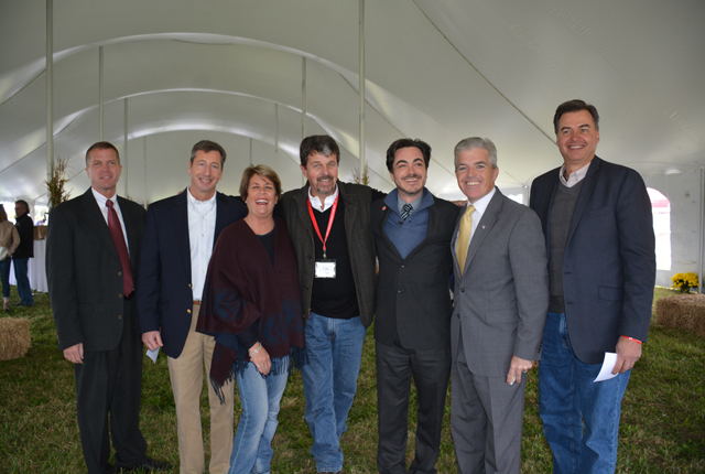Southold Town Supervisor Scott Russell, Southold Town judicial candidate Bill Goggins, East End Mushroom owners Jane Maguire and John Quigley, democratic nominee for Southold Town Supervisor candidate Damon Rallis, Suffolk County Executive Steve Bellone and Suffolk County Legislator Al Krupski. (Credit: Monique Singh-Roy)
