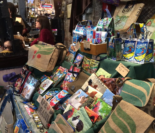A sampling of Mooreland's Upcycling bags for sale at a local market. (Credit: Photo courtesy of Tess Leavay)