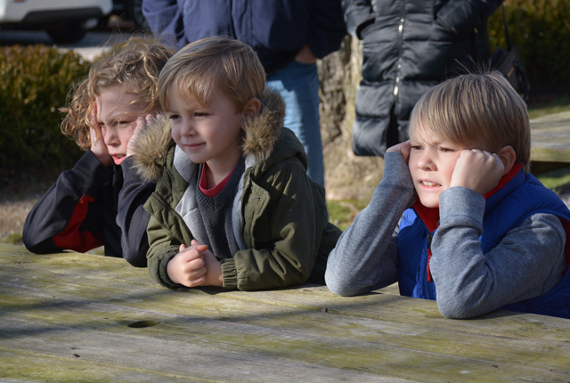 Noah Dufour, 10, and his brothers Emmet, 4 and Henry, 8, watch Daly at work.