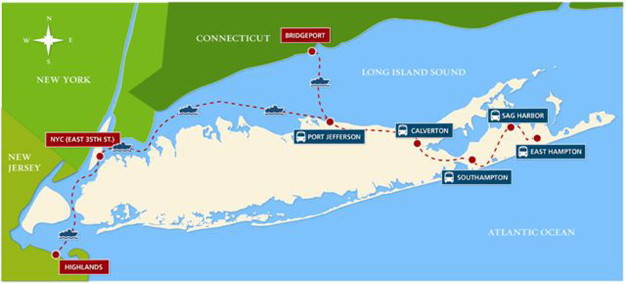 Pictured is a map of all the weekend ferry and bus trips provided by Sea Jitney. (Credit: Courtesy)