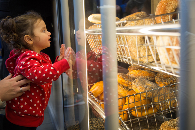 A young customers gazes into the display case at Goldberg's Famous Bagels in Mattituck. (Credit: Madison Fender)