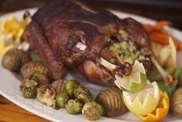 Roast goose served with Cumberland sauce, roast potatoes, carrots, brussels sprouts, mashed turnips and braised red cabbage. (Credit: Vera Chinese)