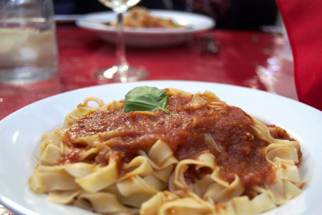 A plate of homemade pasta with sauce served during "Sundays with Grandma" at Diliberto Winery in Jamesport. (Credit: Vera Chinese)