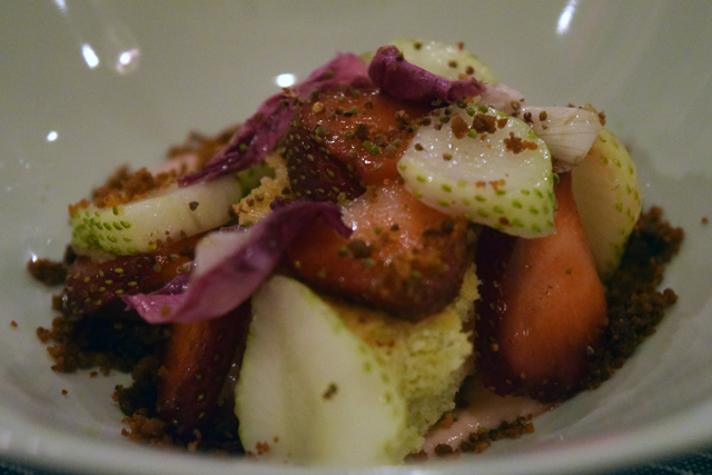 Ripe and unripe strawberries with brown butter and beach rose.