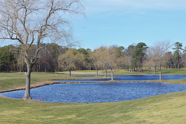 Swan Lake golf course hole nine with a view of man made and natural lakes. (Credit: Barbaraellen Koch)
