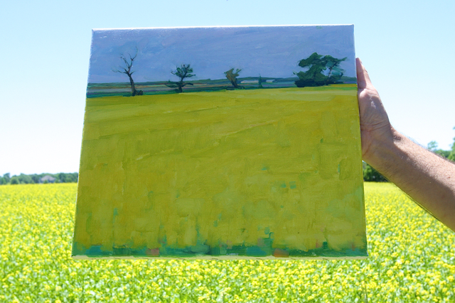 A painting he completed last week of another mustard field on Northville Turnpike. It was plowed a few days later. (Credit: Barbaraellen Koch)