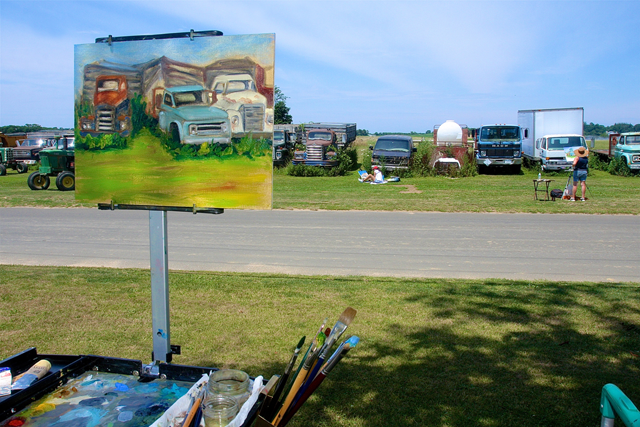Christine Mistretta Dupuis’ nearly finished painting of the Martin Sidor Farms trucks. (Credit: Barbaraellen Koch)