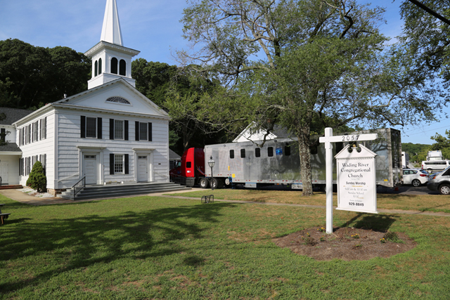 Trailers set up at Wading River Congregational Church. (Credit: Grant Parpan)